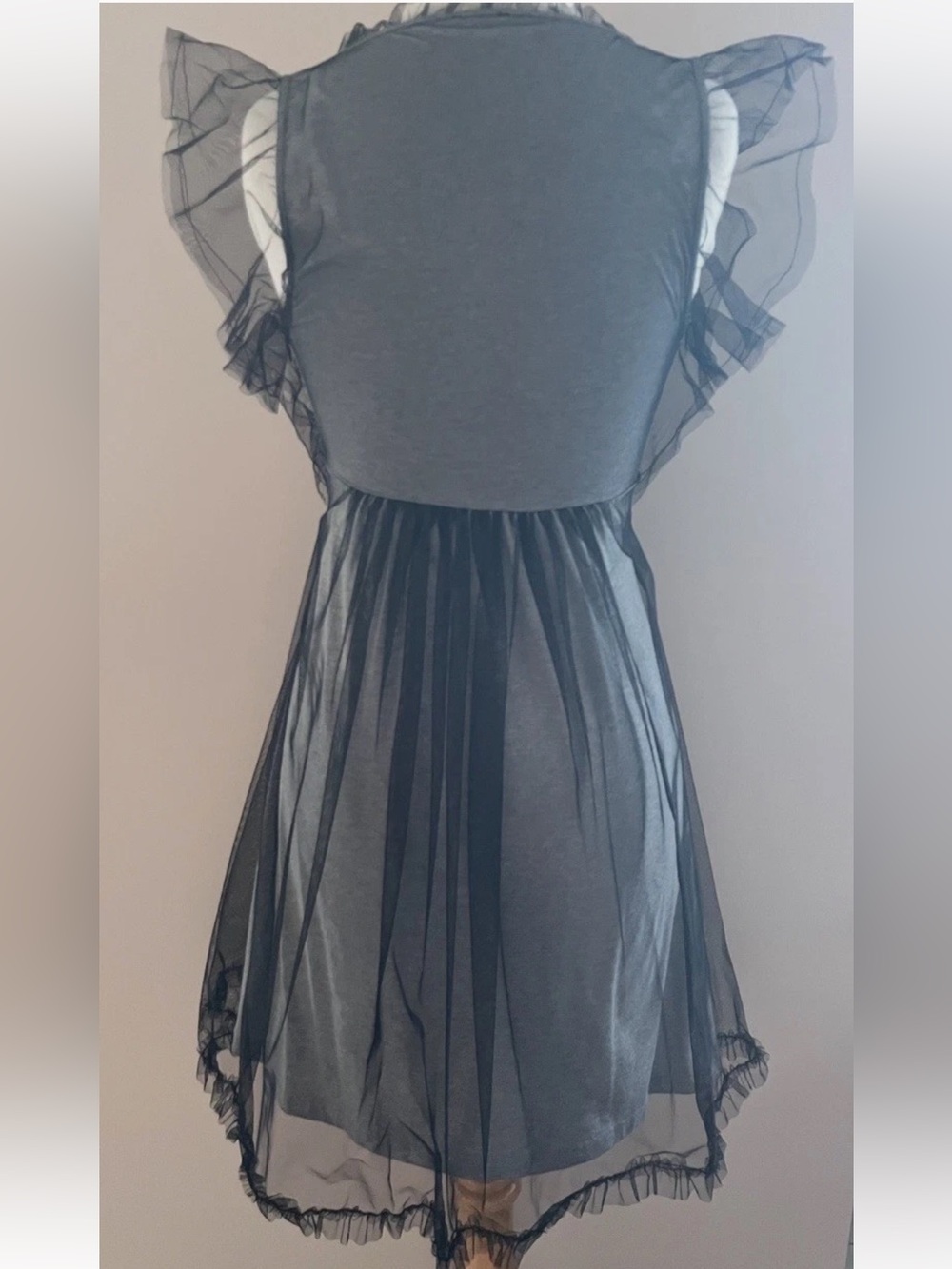 RED Valentino Grey Tulle Sleeveless Mini Dress Black Ruffle V-Neck Cotton Sz M - Picture 2 of 11